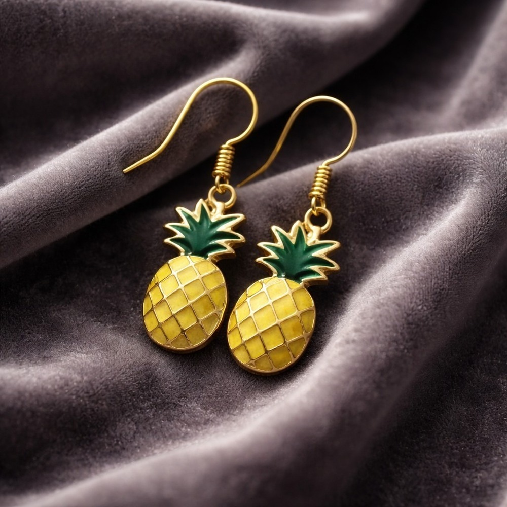 Pineapple Earrings Tropical Fruit‎ Dangle Yellow Green Gold Tone Summer New